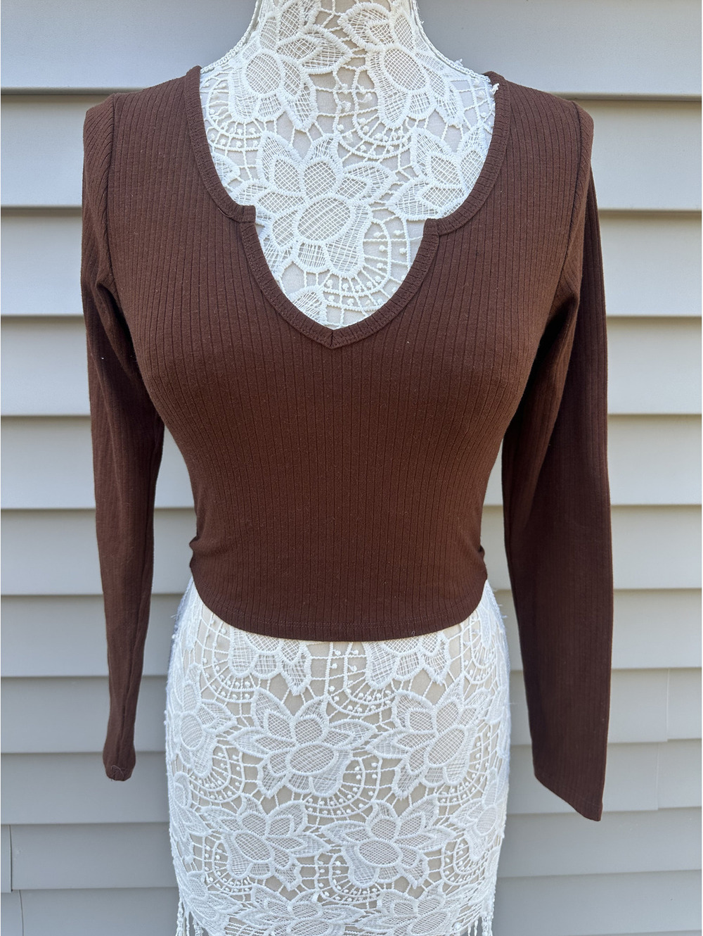 Bozzolo Brown Ribbed Long Sleeve Crop Top Casual Minimalist Y2K
